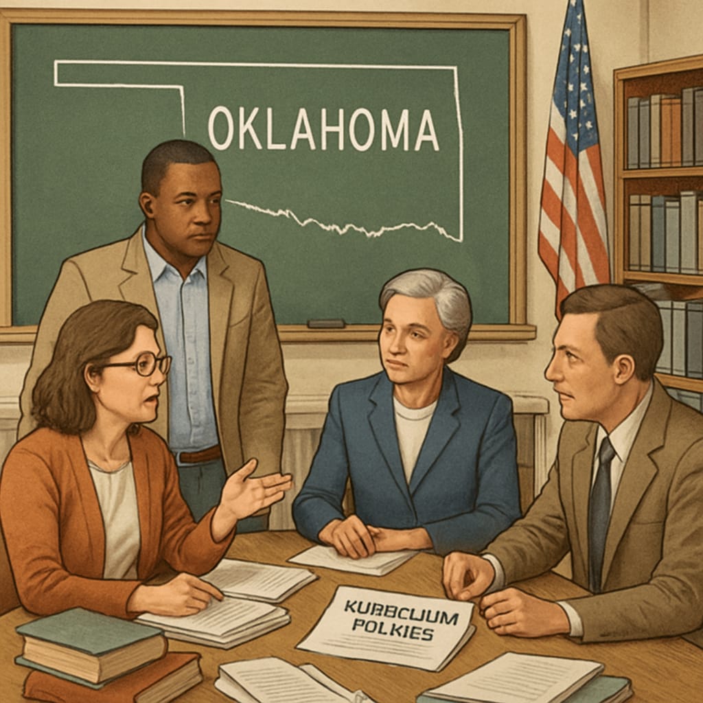 A classroom in Oklahoma with teachers discussing curriculum policies, representing the tension between education and politics. Teachers in Oklahoma discussing curriculum policies, highlighting education-politics overlap.