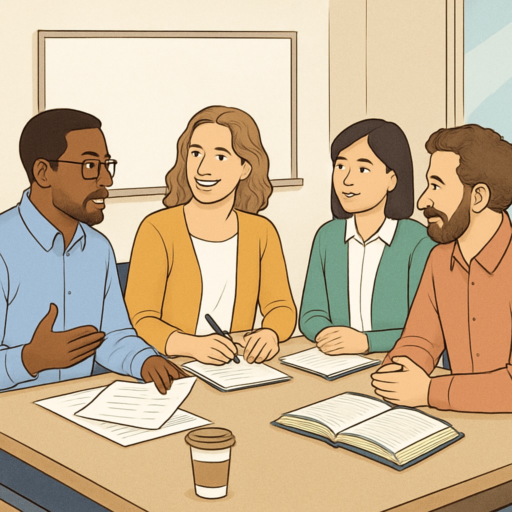 A group of diverse teachers in a professional development workshop, showcasing the importance of varied perspectives in education. Diverse educators in a workshop, illustrating the value of ideological diversity in classrooms.
