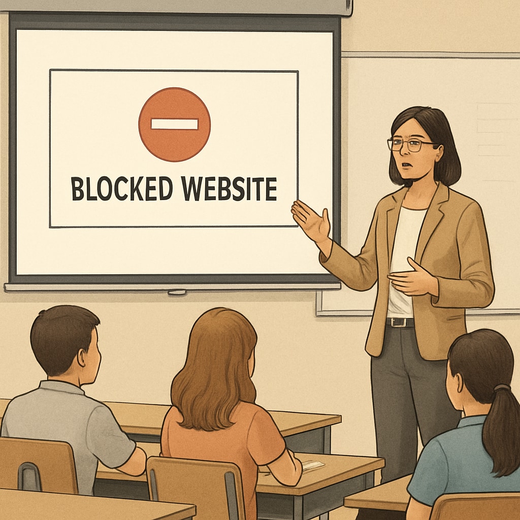 A teacher in a classroom explaining internet barriers to students, with a projector showing a blocked website message. A teacher discussing internet content restrictions with students.