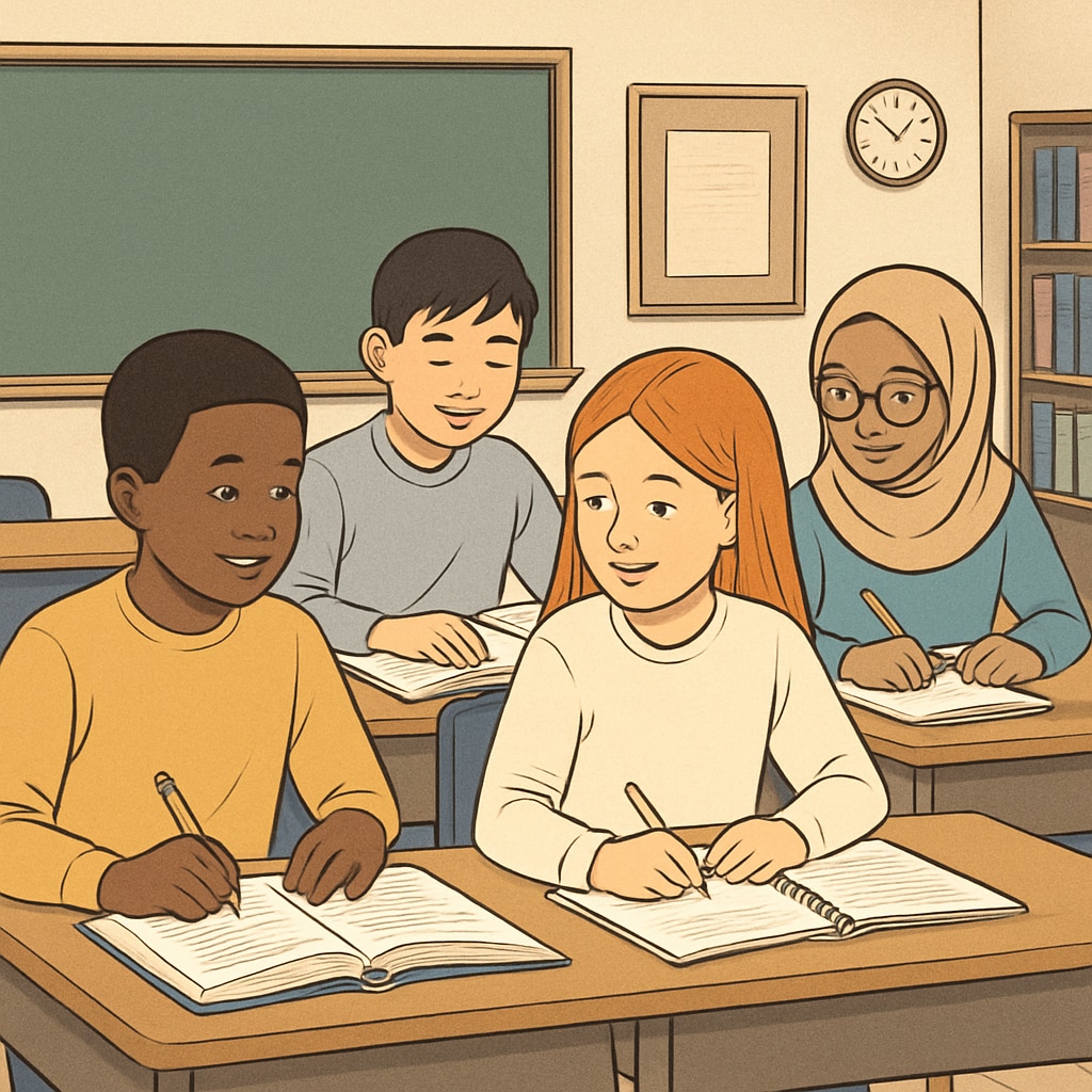 A diverse group of students in a classroom, symbolizing the importance of inclusivity and neutrality in education. Students from diverse backgrounds in a classroom, emphasizing inclusive education.