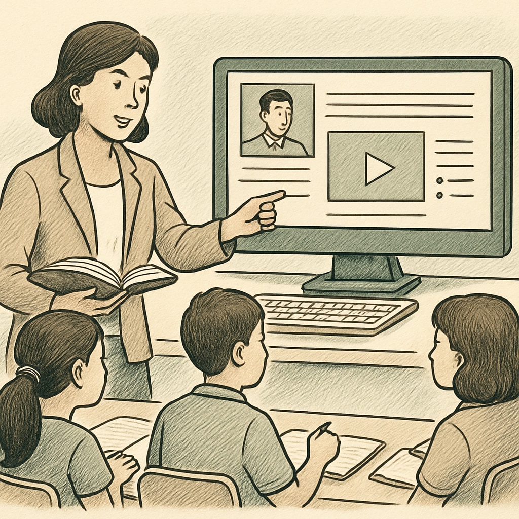 A teacher guiding students through an online educational platform. A teacher and students engaging with an online educational platform, addressing internet content regulations.