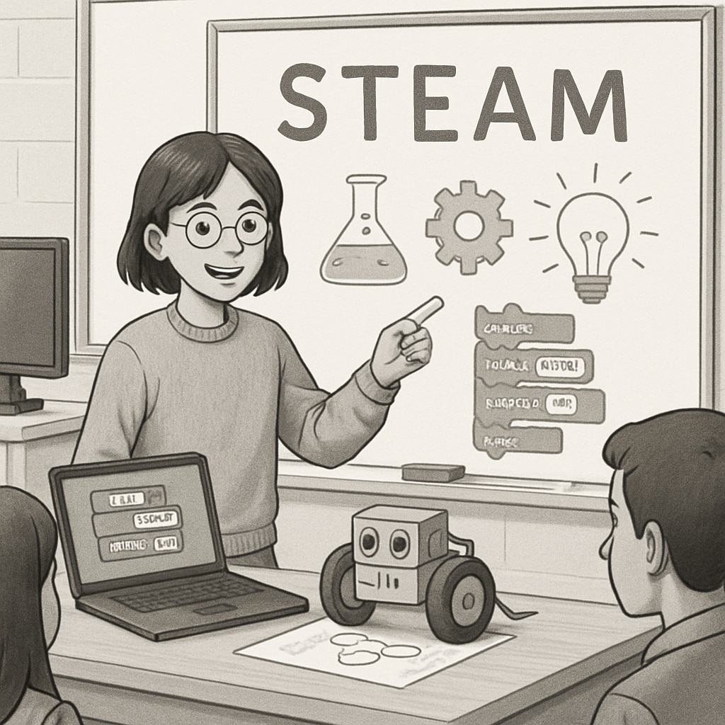 A student presenting a STEAM-based project in a classroom setting, showcasing the integration of programming and educational techniques. Student presenting STEAM project integrating programming and education.