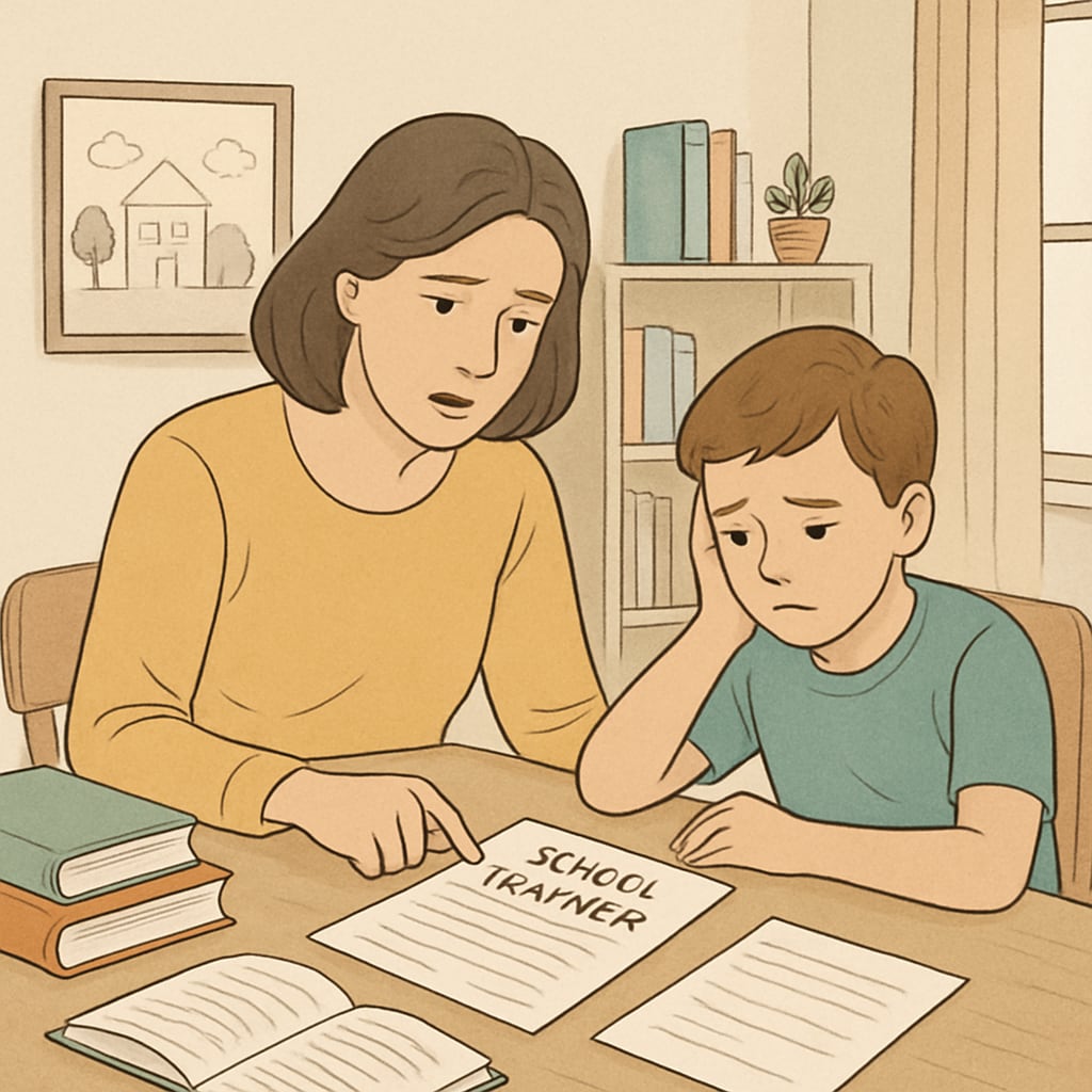 A parent and child reviewing school transfer paperwork at home. The image highlights the challenges families face during the transfer process. Parent and child discussing school transfer forms