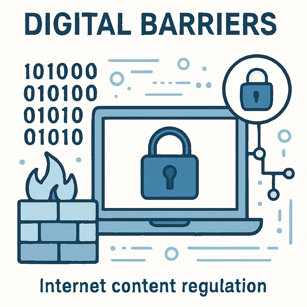 A symbolic depiction of digital barriers, such as a Digital barriers symbolizing age verification laws and internet content regulation