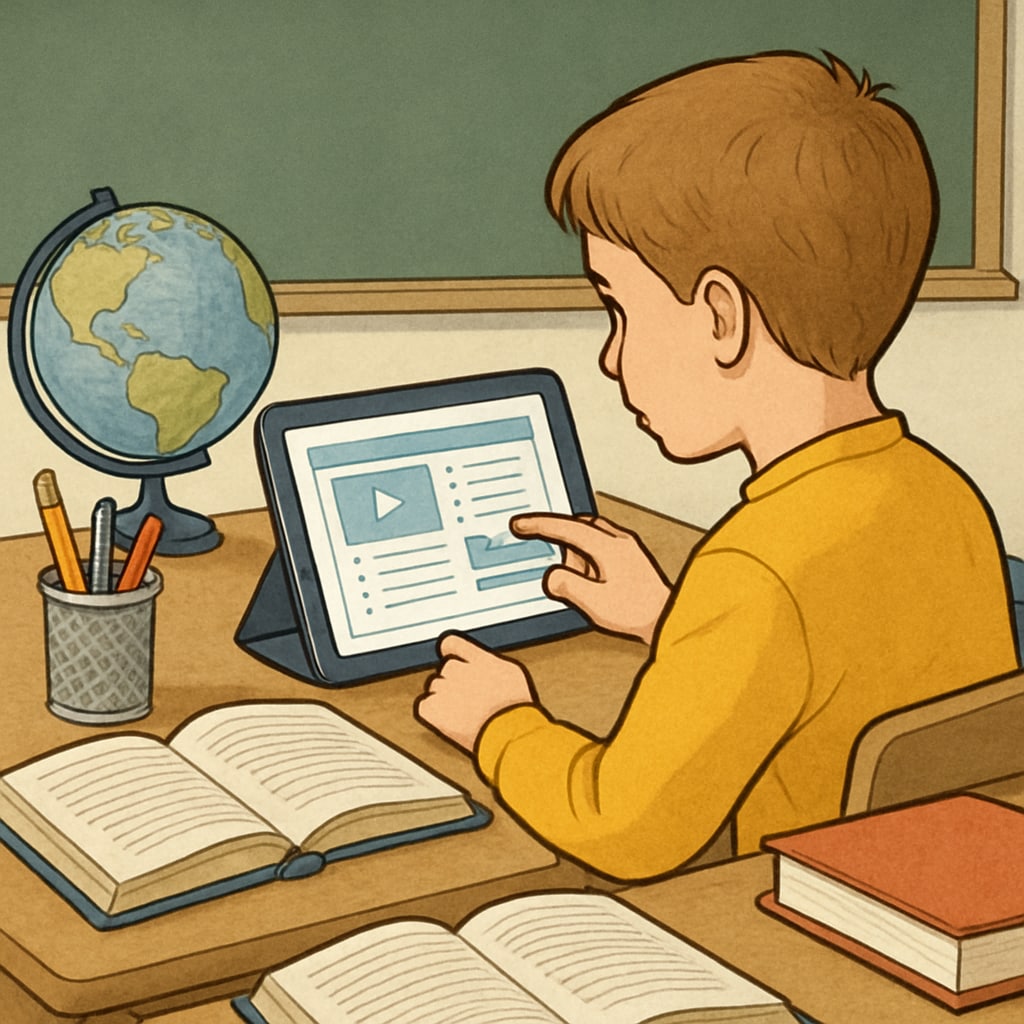 A student using a tablet in a classroom setting, accessing online learning materials. A student accessing K12 educational content on a tablet amidst internet content restrictions.