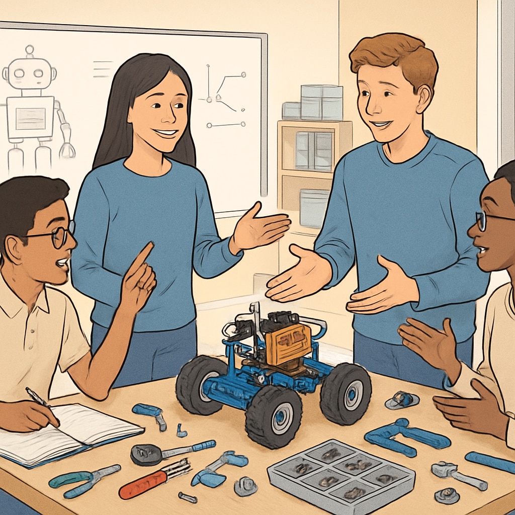 A collaborative workshop where students are building a robotic system while discussing its educational applications. Students in a workshop building a robotic system for educational purposes.