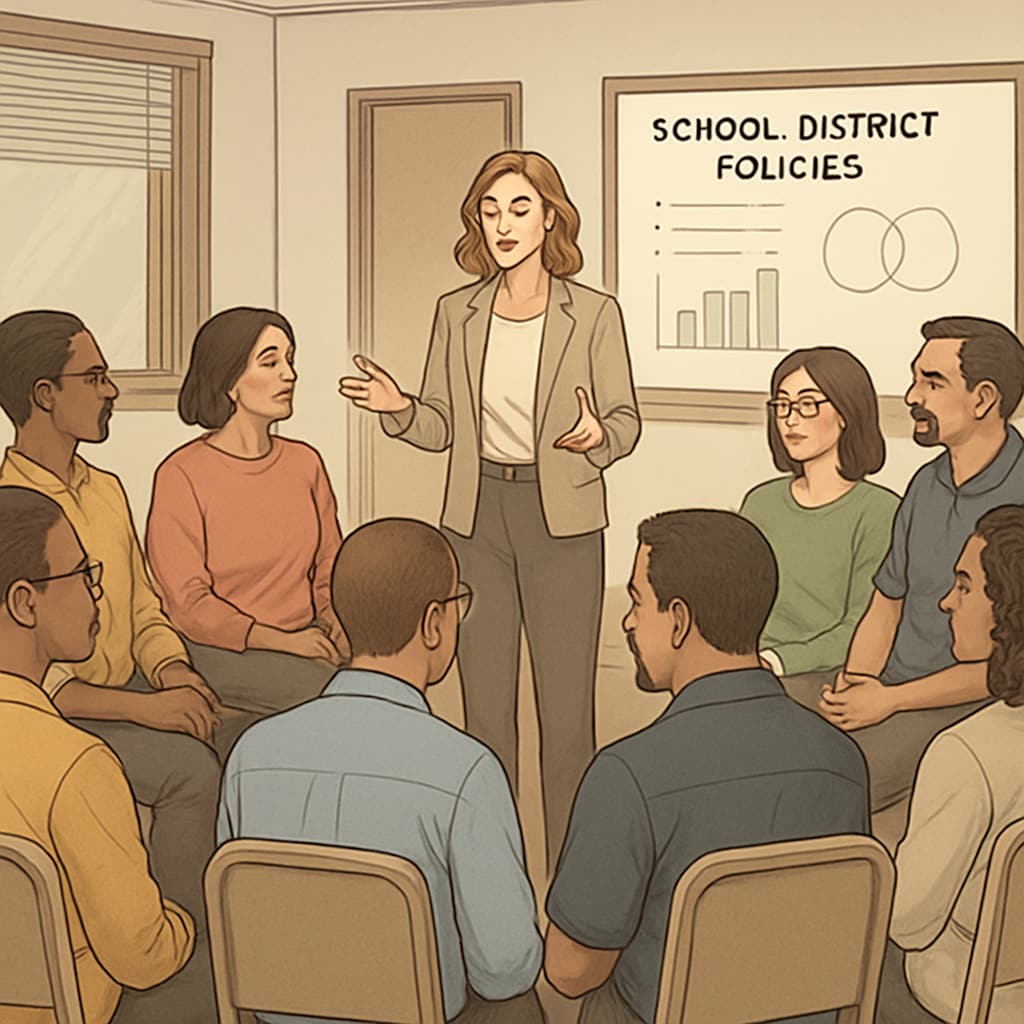 A community meeting where parents and educators are discussing school district policies and administrative barriers. Community meeting on school district policies