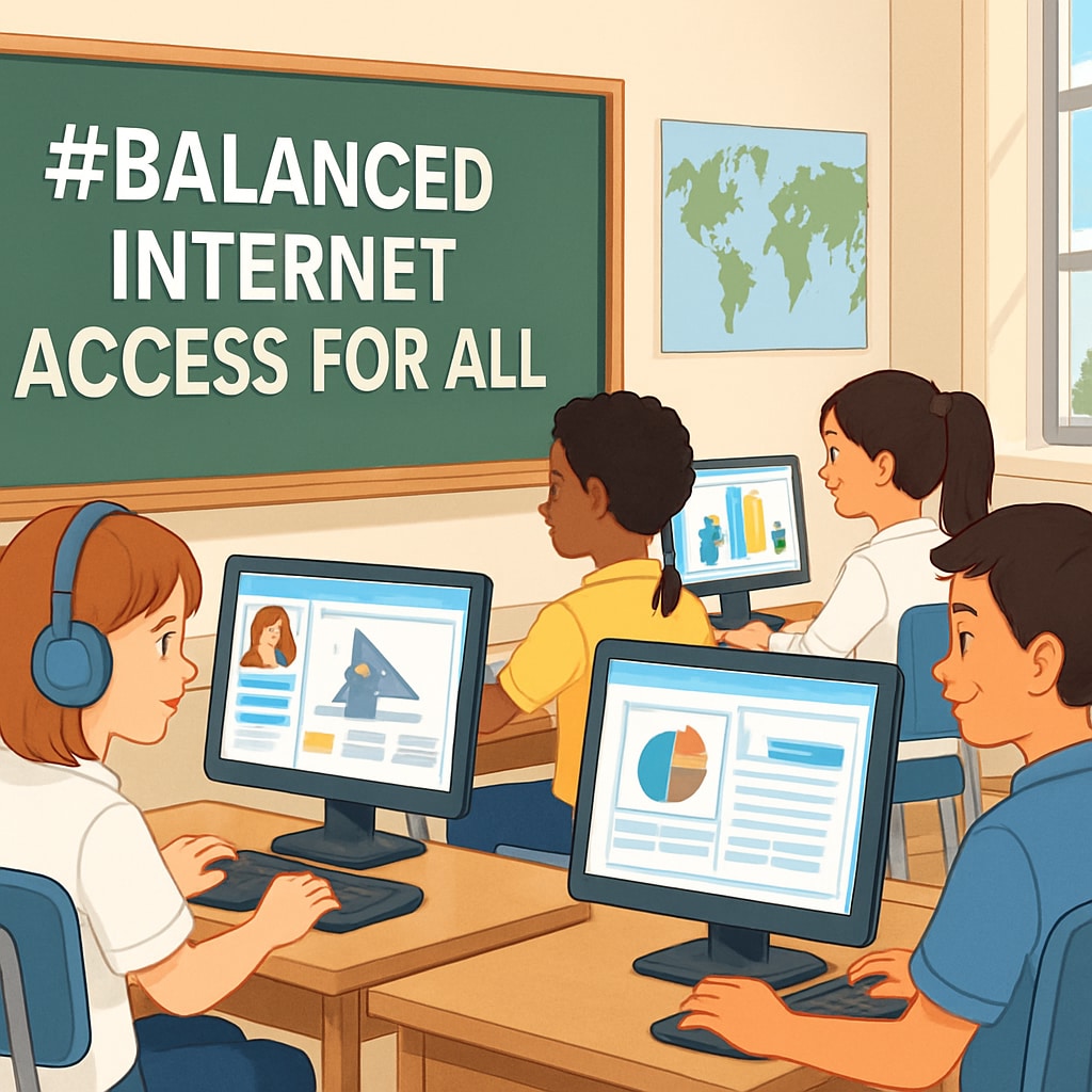 A classroom setting where students are actively engaging with educational platforms on computers, symbolizing balanced internet access for learning. Students in a classroom engaging with educational platforms despite content regulation