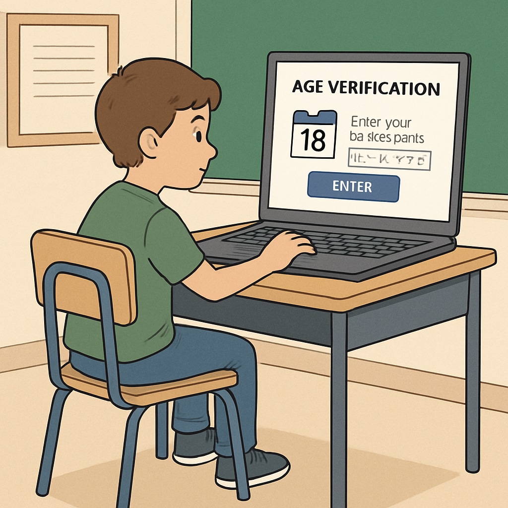 A child encountering an age verification screen while using a laptop for schoolwork.