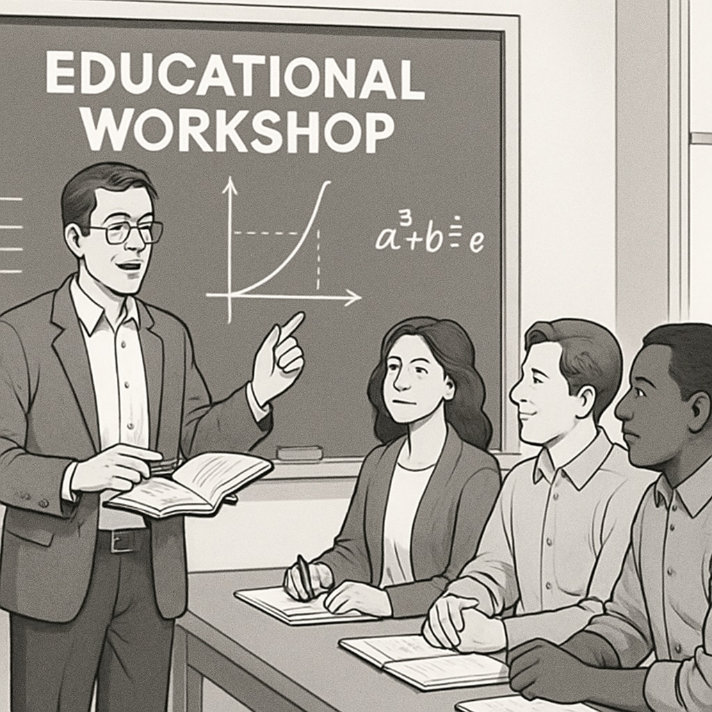 A university professor explaining a concept to a group of teachers during a workshop in California. University professor explaining concepts to teachers during a workshop to address student issues.