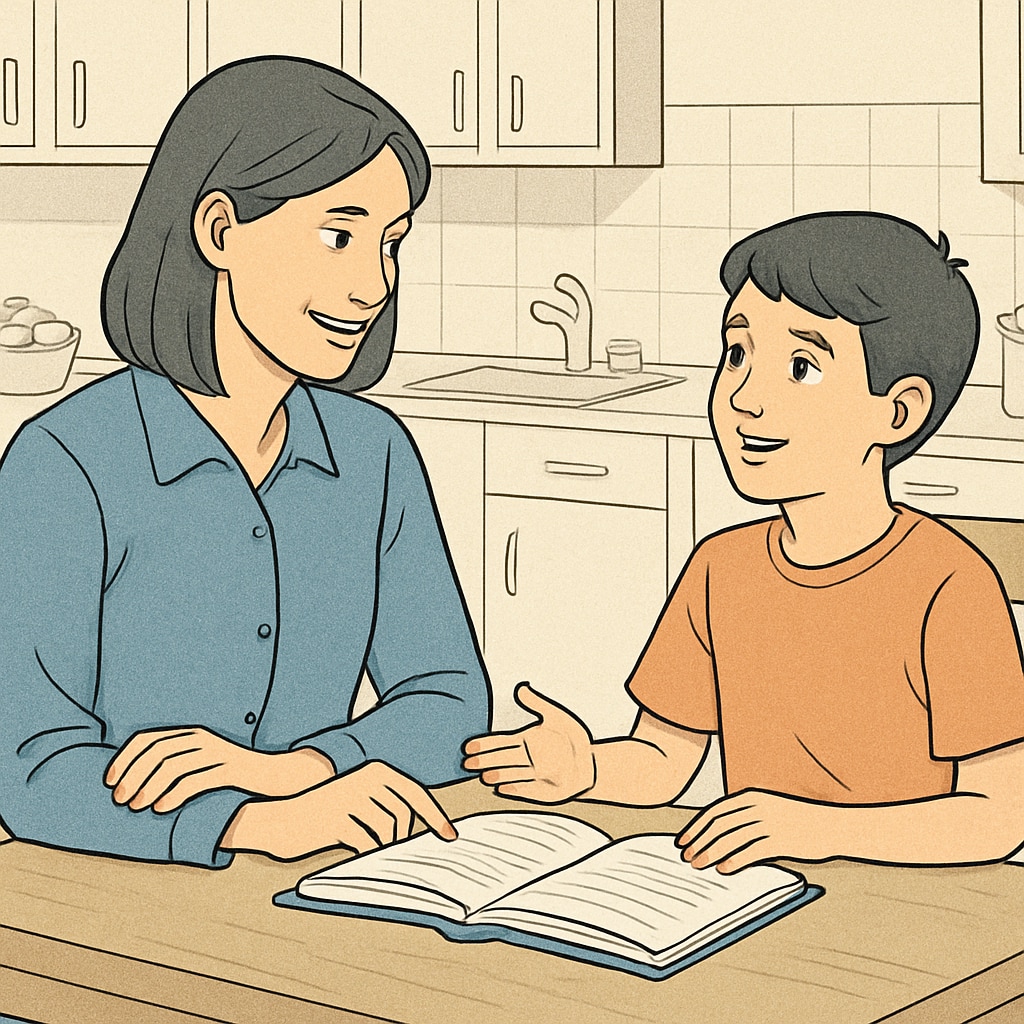 A parent and child having a constructive conversation at the kitchen table. The image highlights positive parental involvement. Parent and child discussing schoolwork, showcasing parental involvement in childhood development.