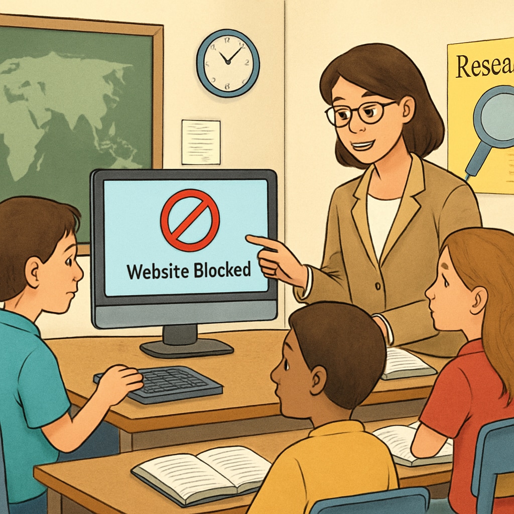 A teacher assisting students as they navigate restricted online content in class.
