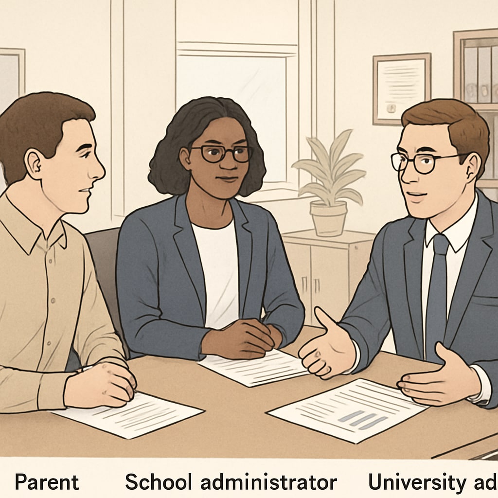 A parent and school administrator discussing student progress with a university advisor in a meeting room. Parent and school administrator consulting a university advisor to solve student development challenges.