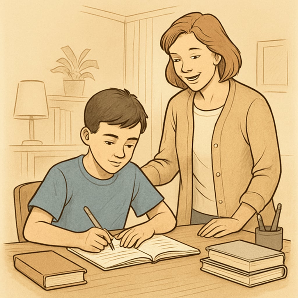 A middle school student sitting at a desk with a supportive parent, symbolizing family involvement in education. Family involvement in education for adolescent development