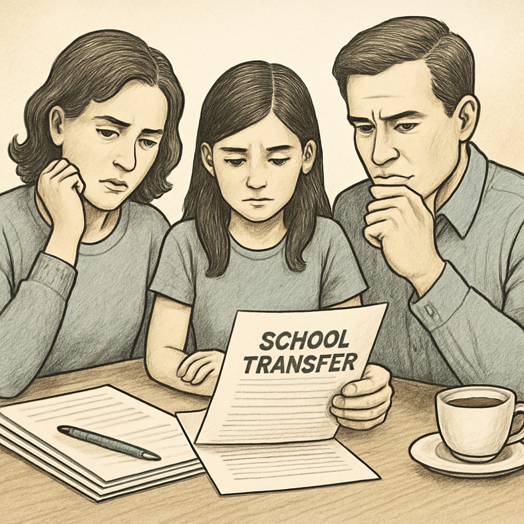 A concerned family reviewing school transfer documents, symbolizing the challenges of cross-district communication in school choice. Family reviewing school transfer documents, highlighting school choice challenges.