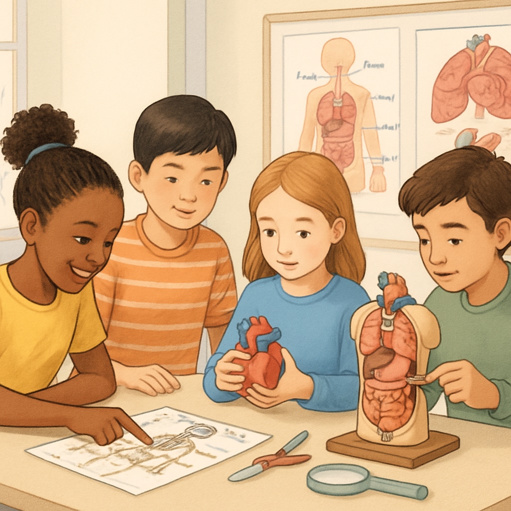 A group of diverse K12 students engaged in a hands-on science activity related to human anatomy. K12 students exploring human anatomy during a science activity.