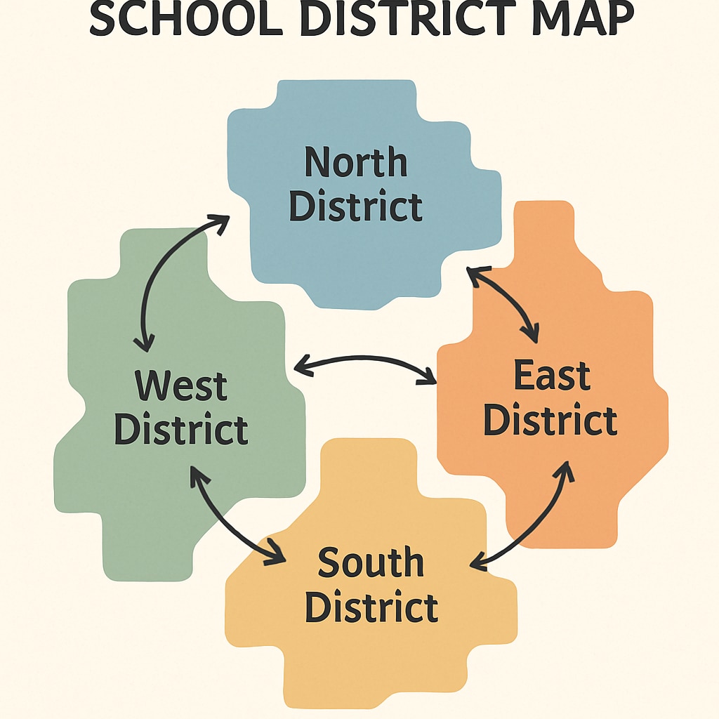 A school district map with interconnecting arrows, illustrating the concept of transparent collaboration between districts. School district collaboration map supporting fair school transfers.