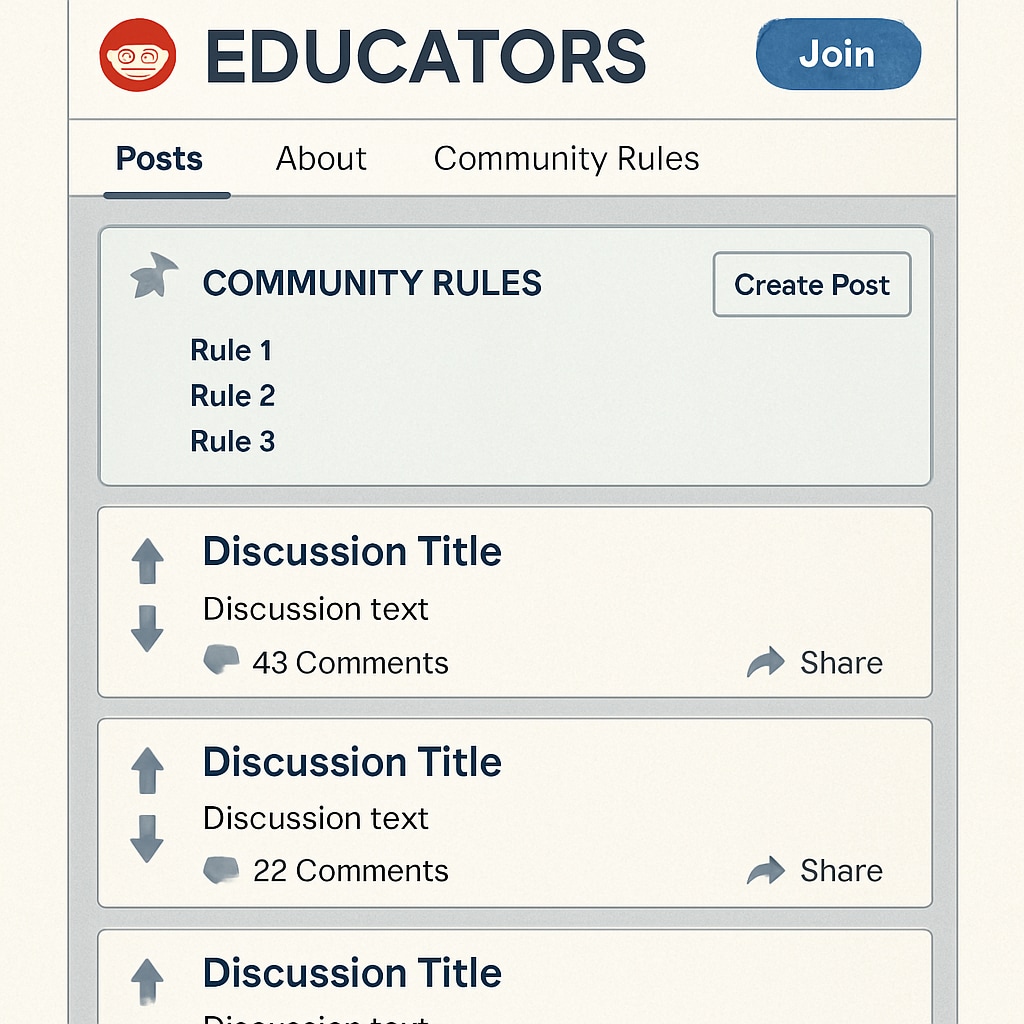 A screenshot of a well-organized subreddit for educators, showing pinned community rules and active discussions. Screenshot of an education subreddit with visible community rules and discussions.