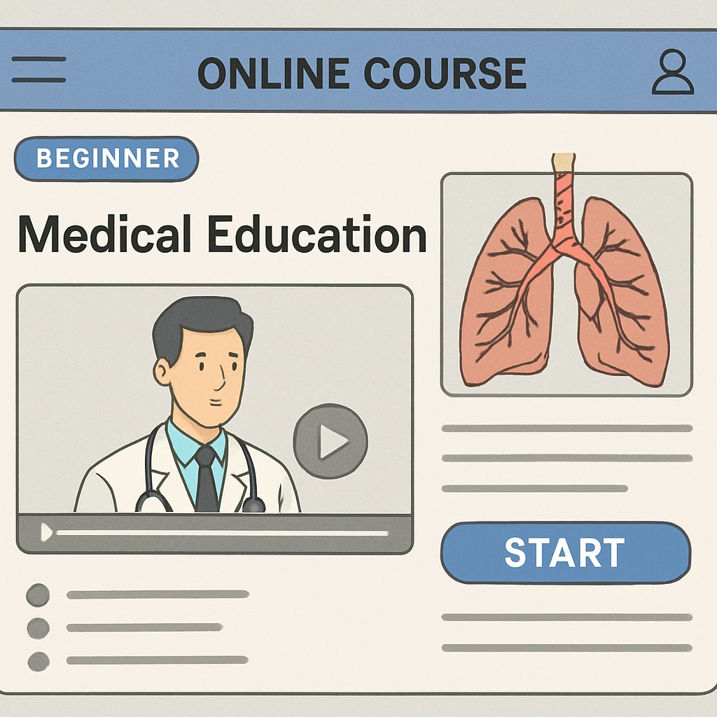 A screenshot of an online course platform showcasing a medical education module for beginners. Online medical education module for beginners on an e-learning platform.