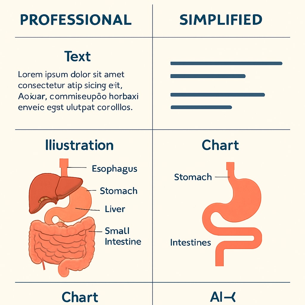 An infographic highlighting the gap between professional and simplified medical education resources, using visual charts and clear labels. Educational infographic showing the challenges in medical education for non-medical audiences.