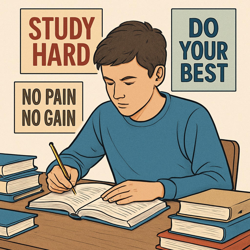 A teenager sitting at a desk with books and motivational posters around, focused and engaged in learning. Teenager studying with books and motivational posters, representing learning struggles and healthy habits.