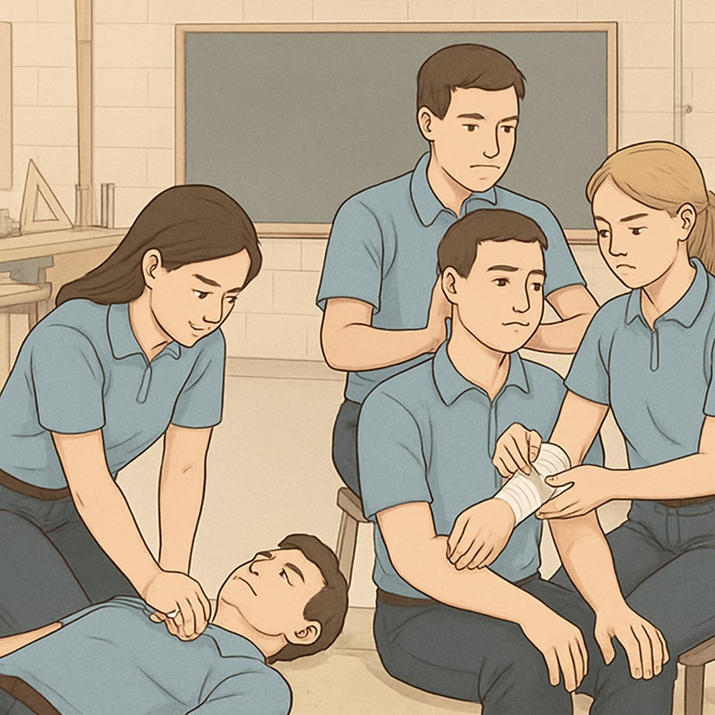 A photo of students or learners in a workshop setting, practicing basic first aid techniques in a hands-on environment. Students practicing first aid techniques in a community-based medical education workshop.