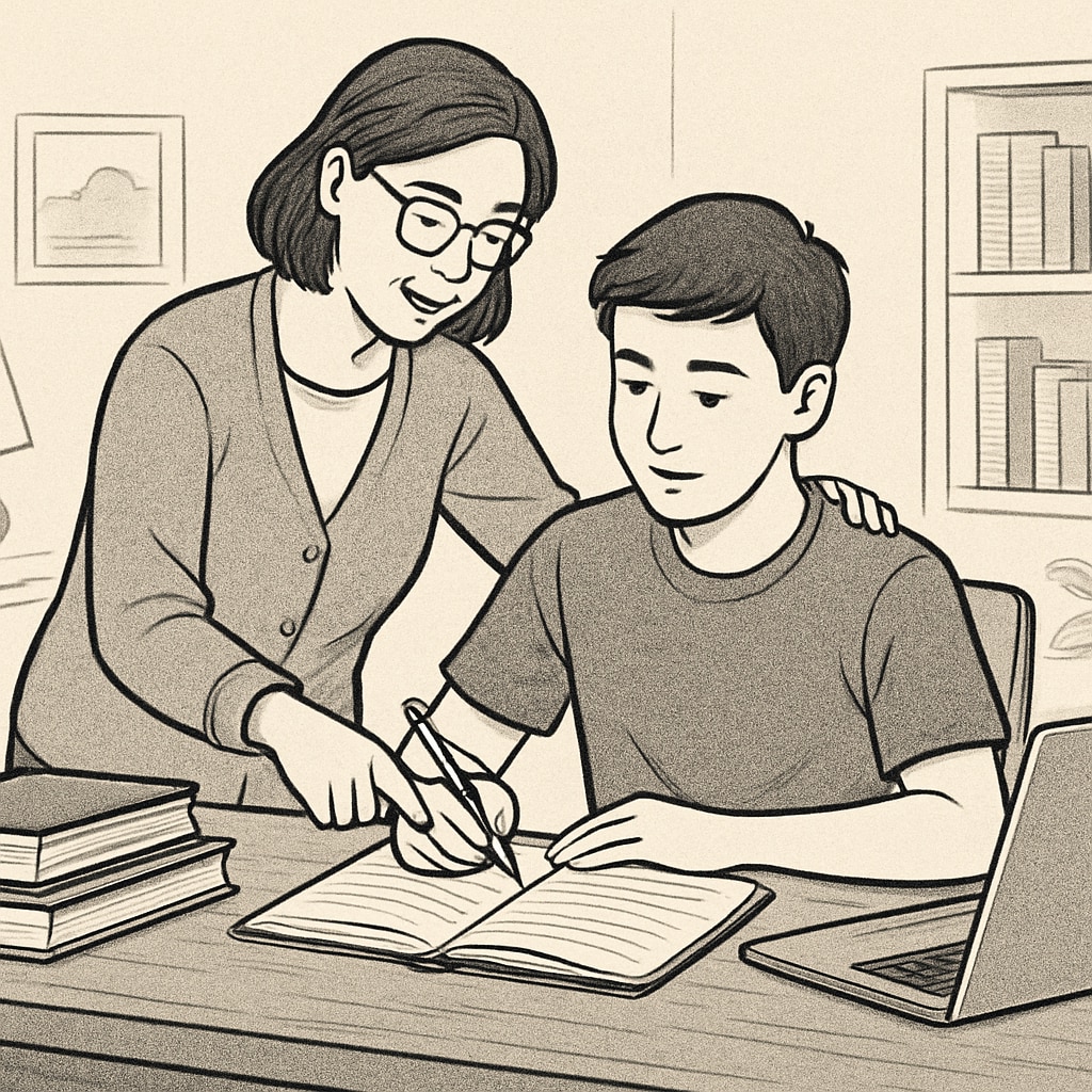 A supportive parent helping their teenager study at home, displaying encouragement and collaboration. Parent assisting teenager with studying, showing family education and teamwork.