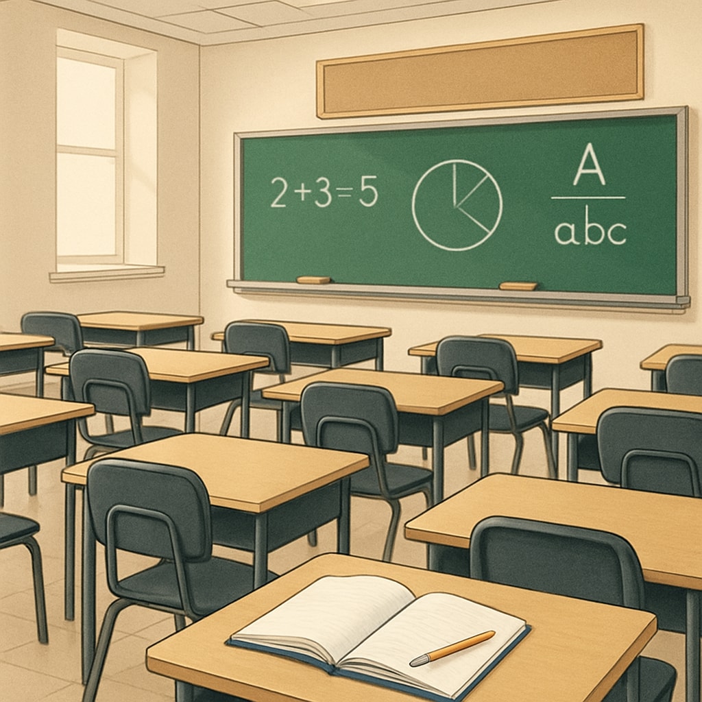 A classroom with empty desks, symbolizing the absence of teachers during a Teacherless Tuesday protest. Empty classroom representing Teacherless Tuesday,教师抗议,集体请假(英文)