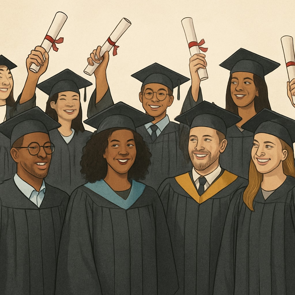 Graduation ceremony featuring students transitioning from biology to education careers.