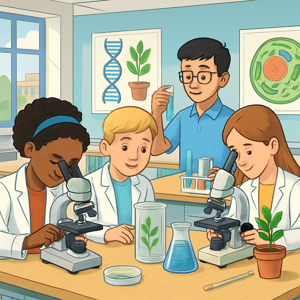 A bright, modern science classroom with students engaging in hands-on biology experiments. Science classroom with students conducting biology experiments, representing STEM education.