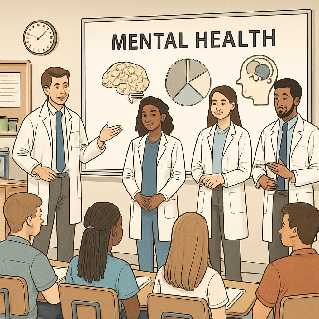 A group of medical students delivering a mental health presentation to high school students in a classroom setting. Medical students conducting a mental health presentation for high schoolers.