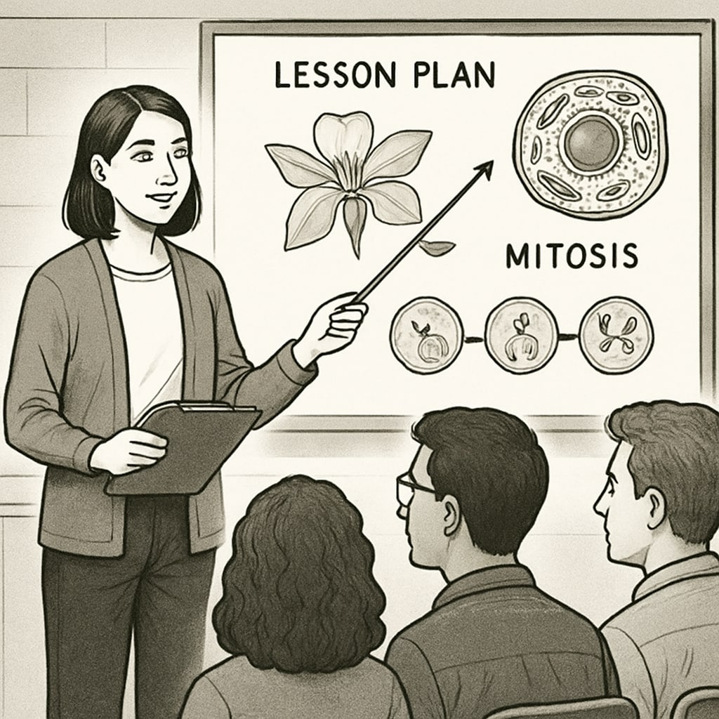 A graduate student presenting a biology-related lesson plan to peers in a workshop setting. Graduate student in a workshop explaining a biology lesson plan, illustrating the transition to education.