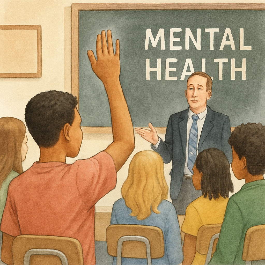 A high school student asking a question during a Q&A session at a mental health assembly. High schooler engaging in a Q&A session during a mental health assembly.