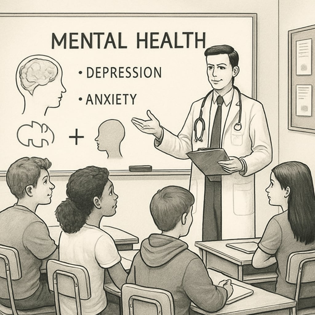 Medical student leading a mental health workshop for high school students