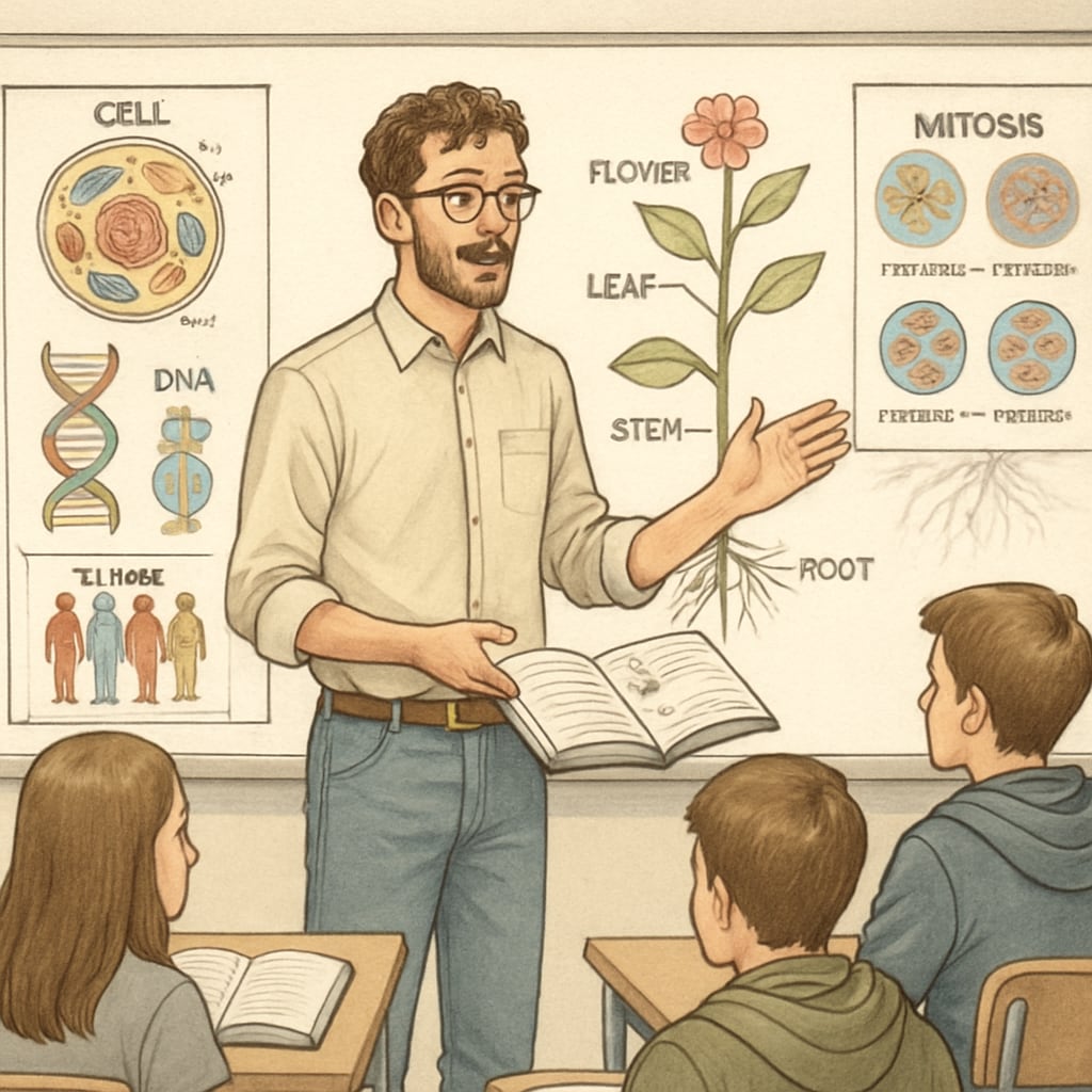 High school teacher using biology charts in a STEM-focused classroom