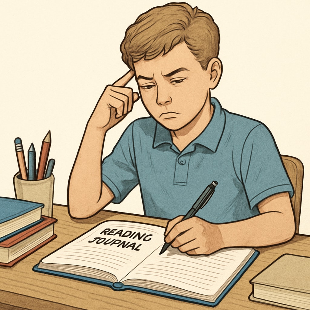 A close-up of a student writing in a reading journal, capturing their thoughts on a recently completed book. Student writing in a reading journal to reflect on their reading experience.