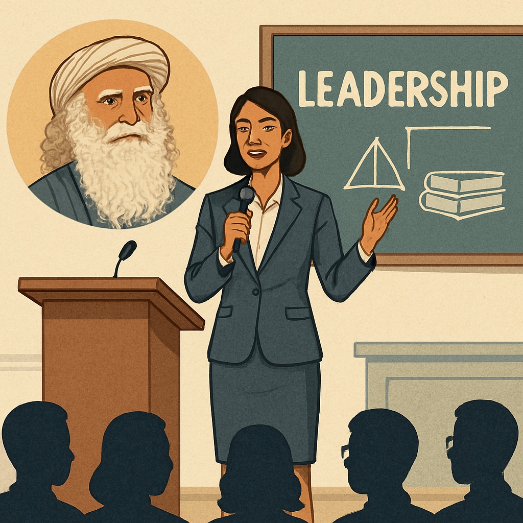 Woman entrepreneur speaking about Sadhguru’s influence on leadership and education.