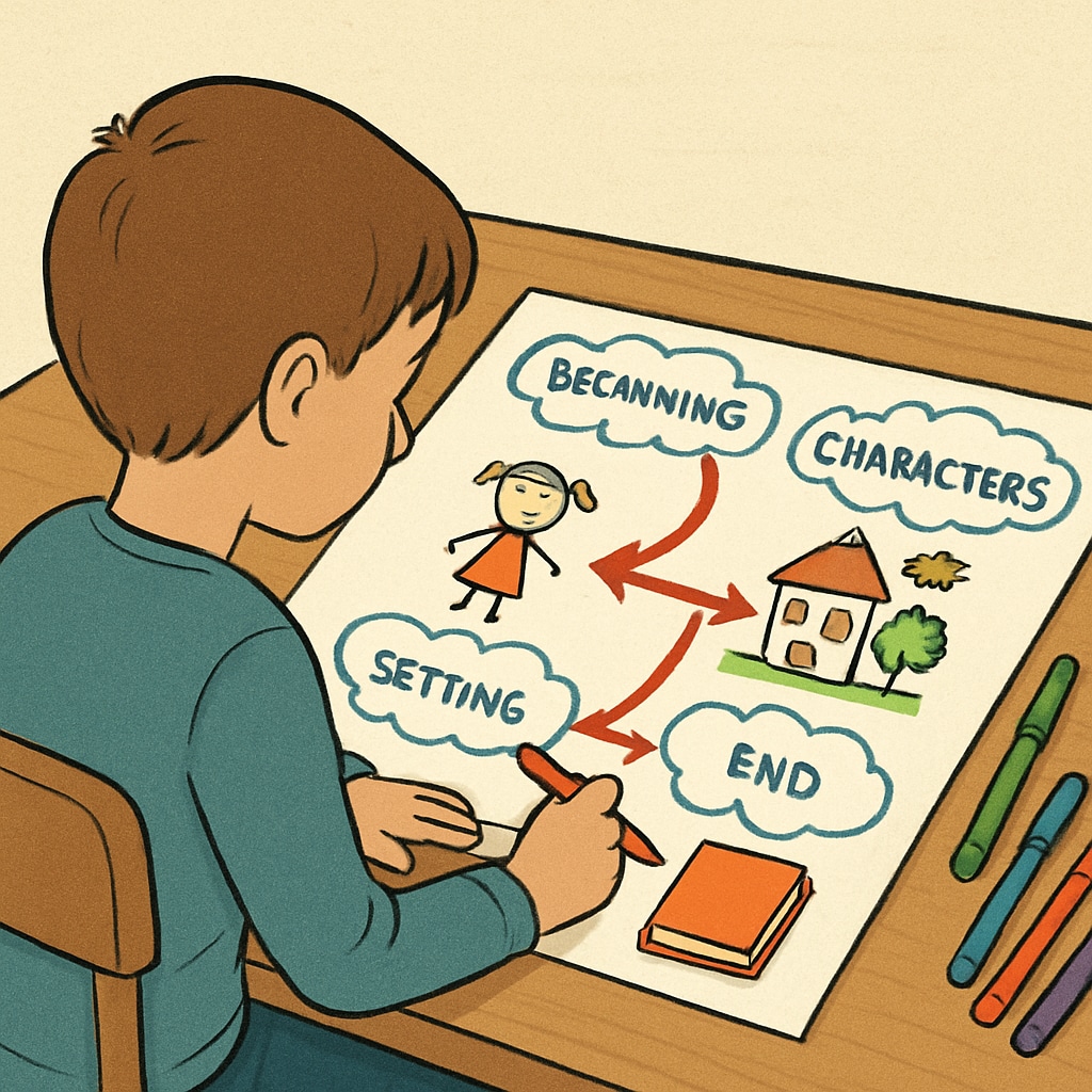 A child drawing a story map for their favorite book, sitting at a desk with colorful markers. A child creating a story map to improve reading comprehension skills.