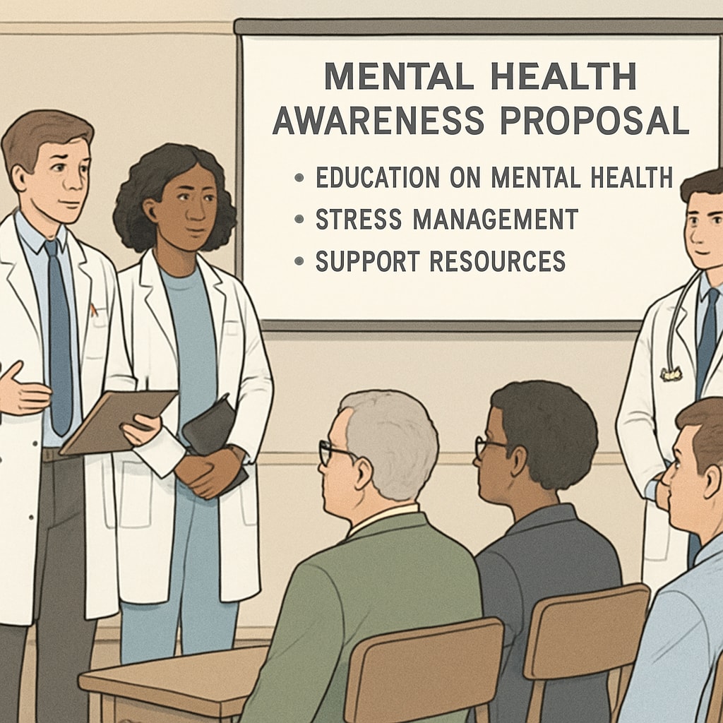 Medical students discussing mental health awareness plans with high school educators.
