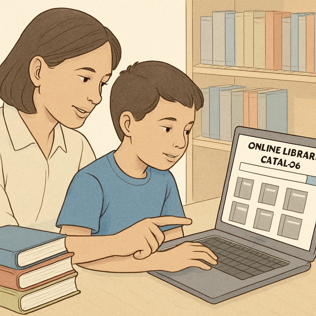 A parent and child browsing an online library catalog together, with a laptop and books in the background. Parent and child exploring free digital reading resources.