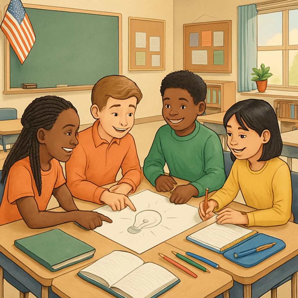 A classroom setting representing the U.S. education system, with diverse students participating in a group activity, emphasizing creativity and equality. U.S. education system classroom with diverse students engaging in group activities.