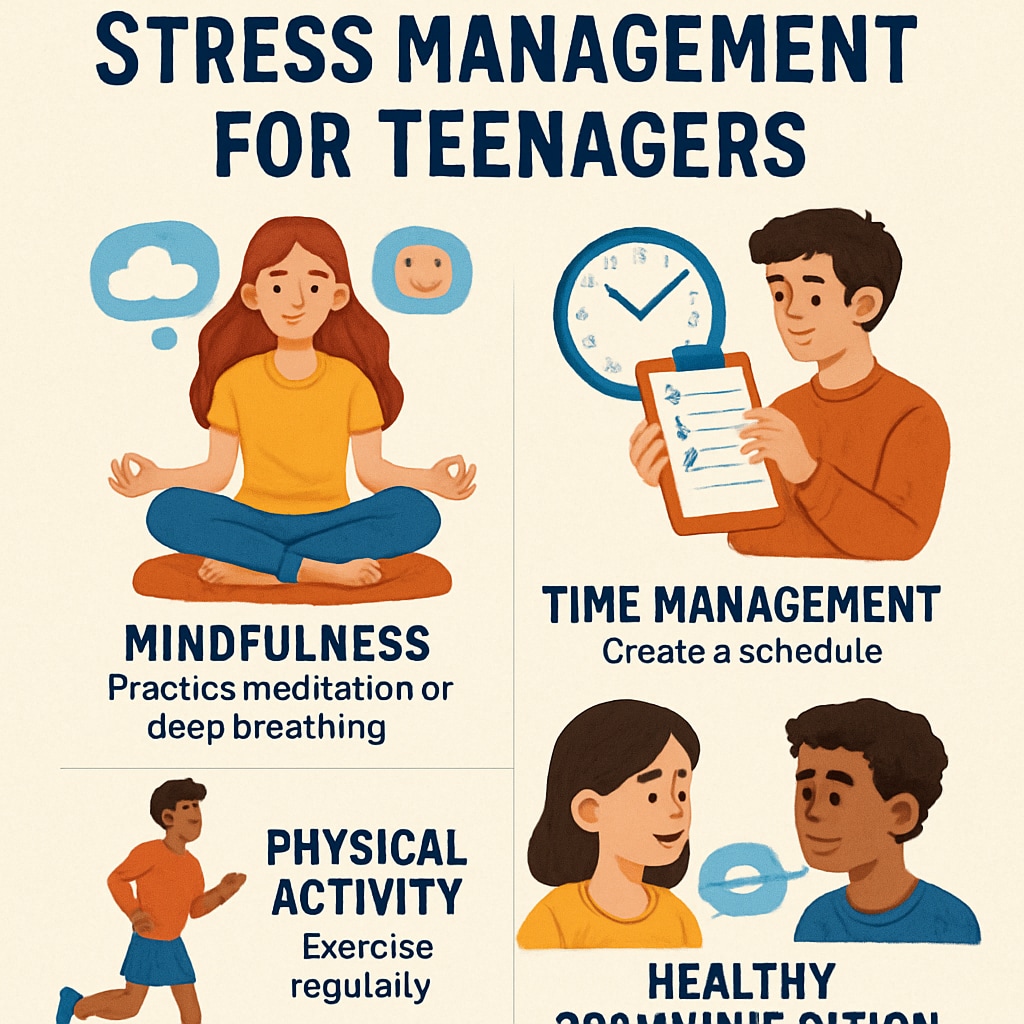 Stress management techniques for teenagers displayed in a presentation.