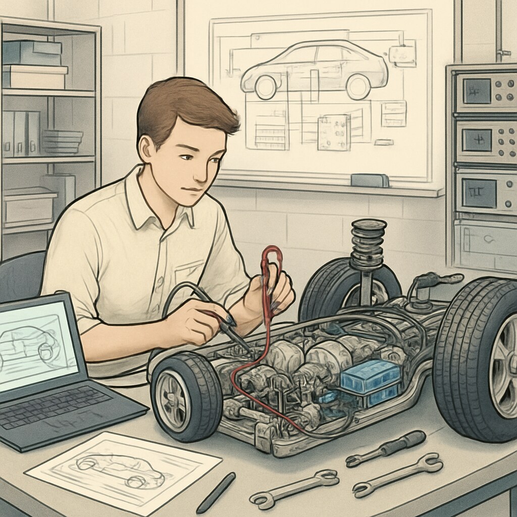 Student working on automotive system in lab setting for engineering degree.