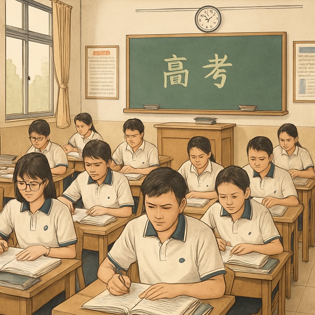 A Chinese classroom with students focused on their studies, preparing for standardized tests like the Gaokao, illustrating academic pressure and rigor. Chinese classroom with students preparing for standardized tests like the Gaokao.
