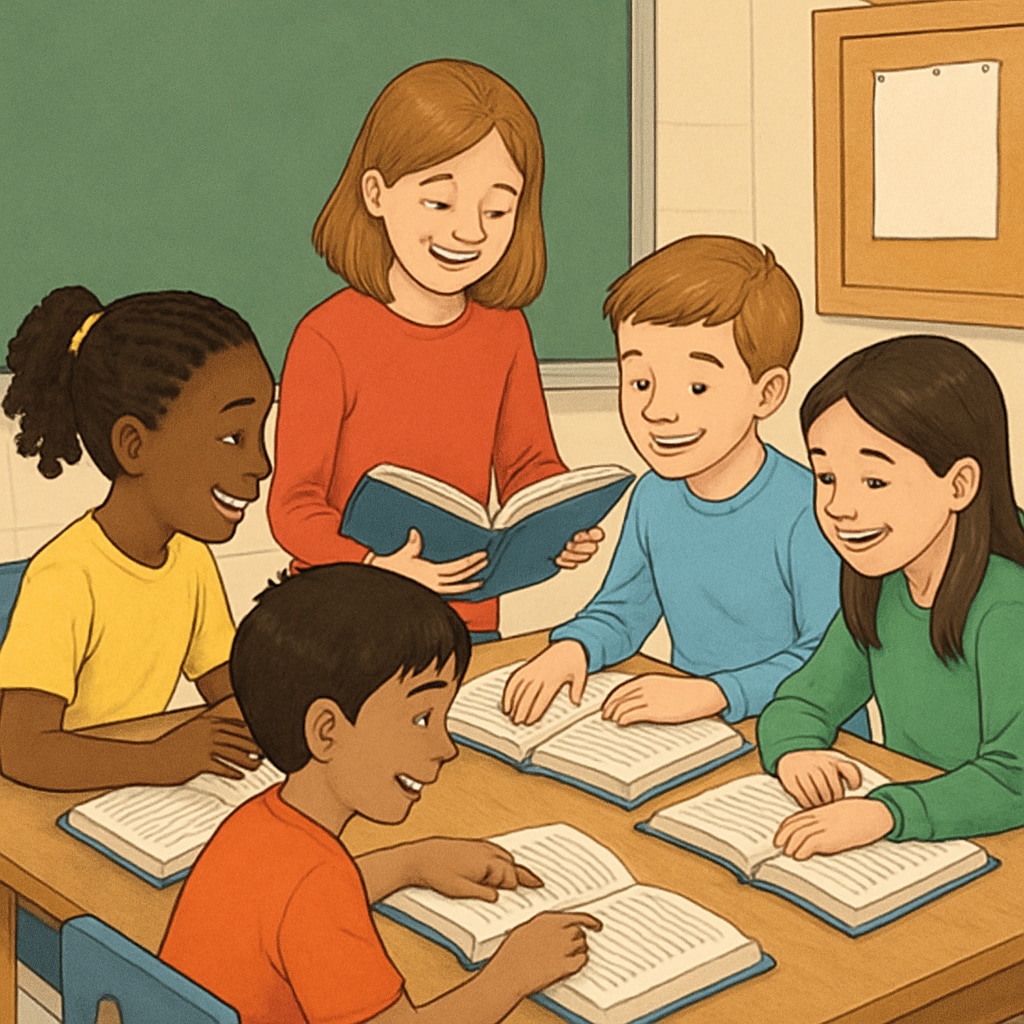 A classroom setting showing students engaged in collaborative reading activities, emphasizing inclusivity and engagement. Students collaborating in a reading activity to enhance comprehension and interest.