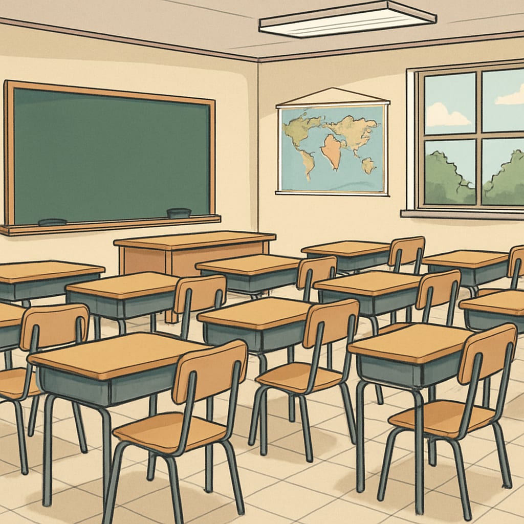 A classroom in a public school with empty desks, symbolizing the challenges of declining enrollment due to voucher programs. Empty desks in a public school classroom, reflecting school voucher challenges.
