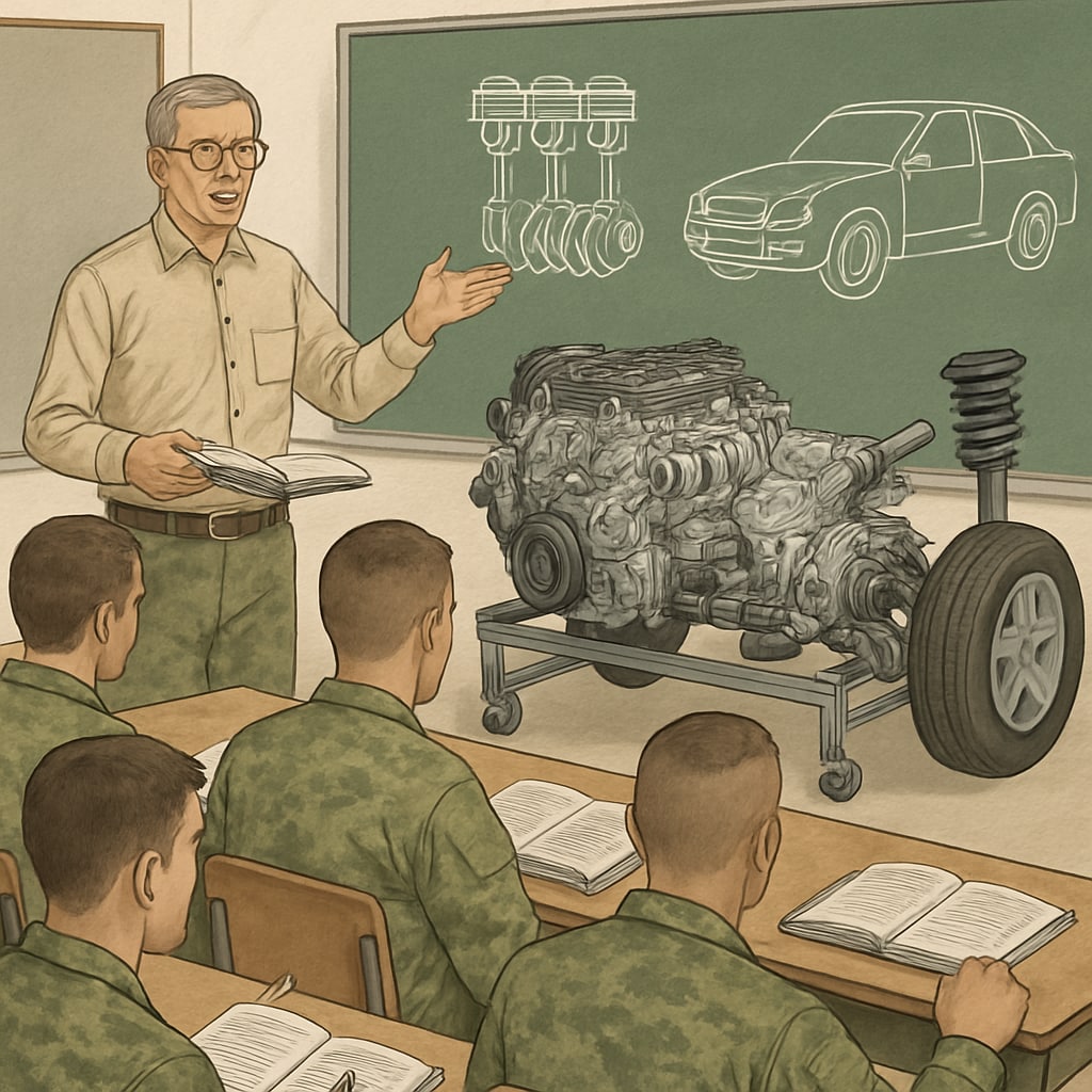 A professor explaining automotive engineering concepts to military students in a classroom setting, emphasizing practical learning opportunities. Professor teaching automotive engineering to military students.