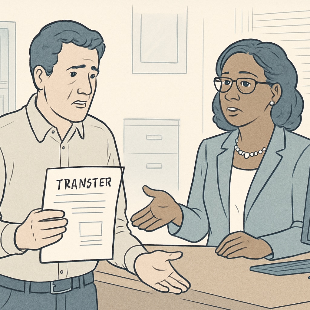 A concerned parent speaks with a school administrator while holding transfer paperwork, illustrating the complexities of inter-district communication. Parent discussing school transfer challenges for their child with administrator.