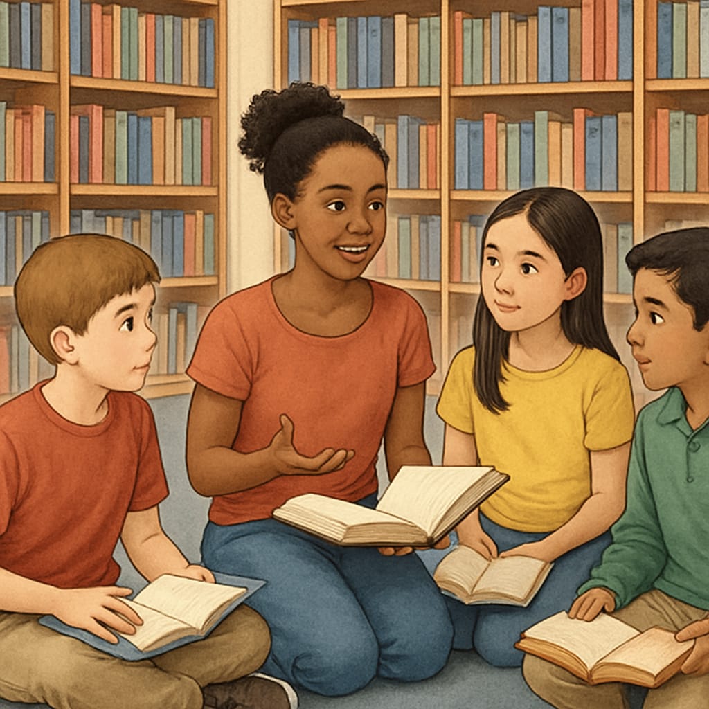 Students participating in a library-hosted reading program, showcasing community involvement in literacy development. Elementary students in a library program demonstrating community-driven reading initiatives.
