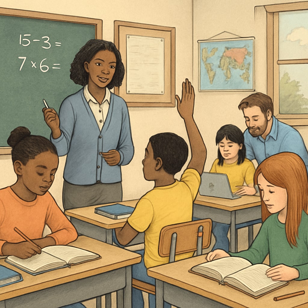 A classroom scene featuring diverse students and teachers engaged in learning activities, symbolizing the challenges and impacts of voucher programs on public schools. Public school classroom discussing educational funding challenges due to voucher programs